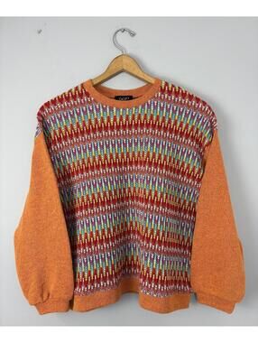 Vintage Multicolor Rainbow Textured Knit Contrast Sleeves Crewneck Sweater Large